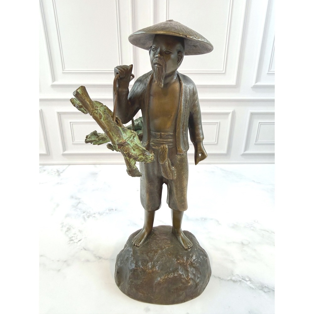 Antique Heavy Cast Bronze Asian Japanese Wood Gatherer Sculpture 10in